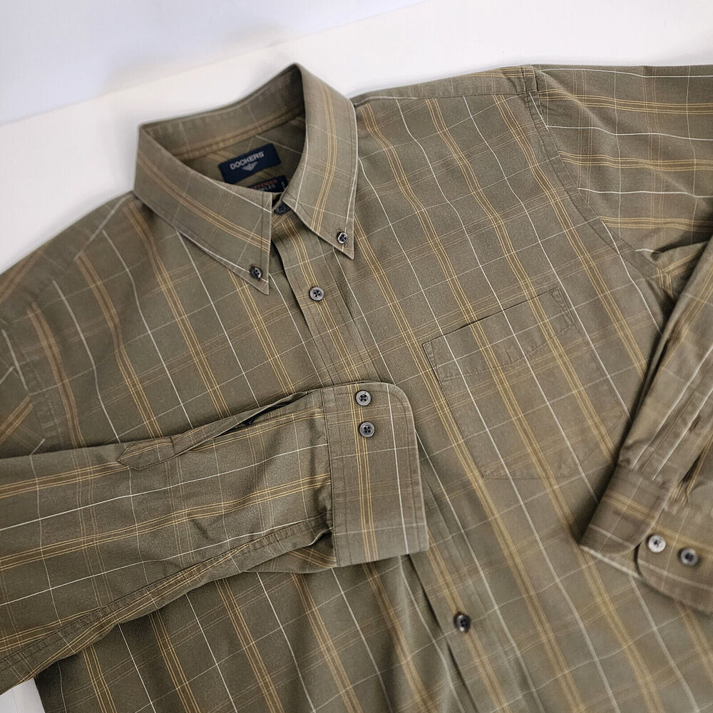 Dockers No Wrinkles Stain Defender Men's‎ Shirt Size L Brown/Yellow Check